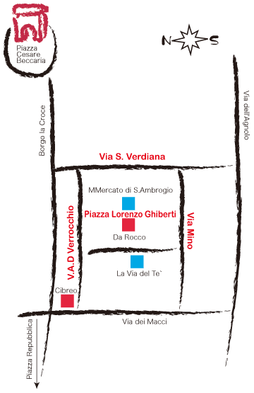 ロレンツォ・ギベルティ広場とその広場を囲むサンタ・ヴェルディアーナ通り、ミノ通り、アンドレア・デル・ベッロッキオ通り
